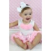 White Baby Pettitop Light Pink Rosettes & Light Pink White Damask Newborn Pettiskirt & White Headband White Silk Bow NG1545